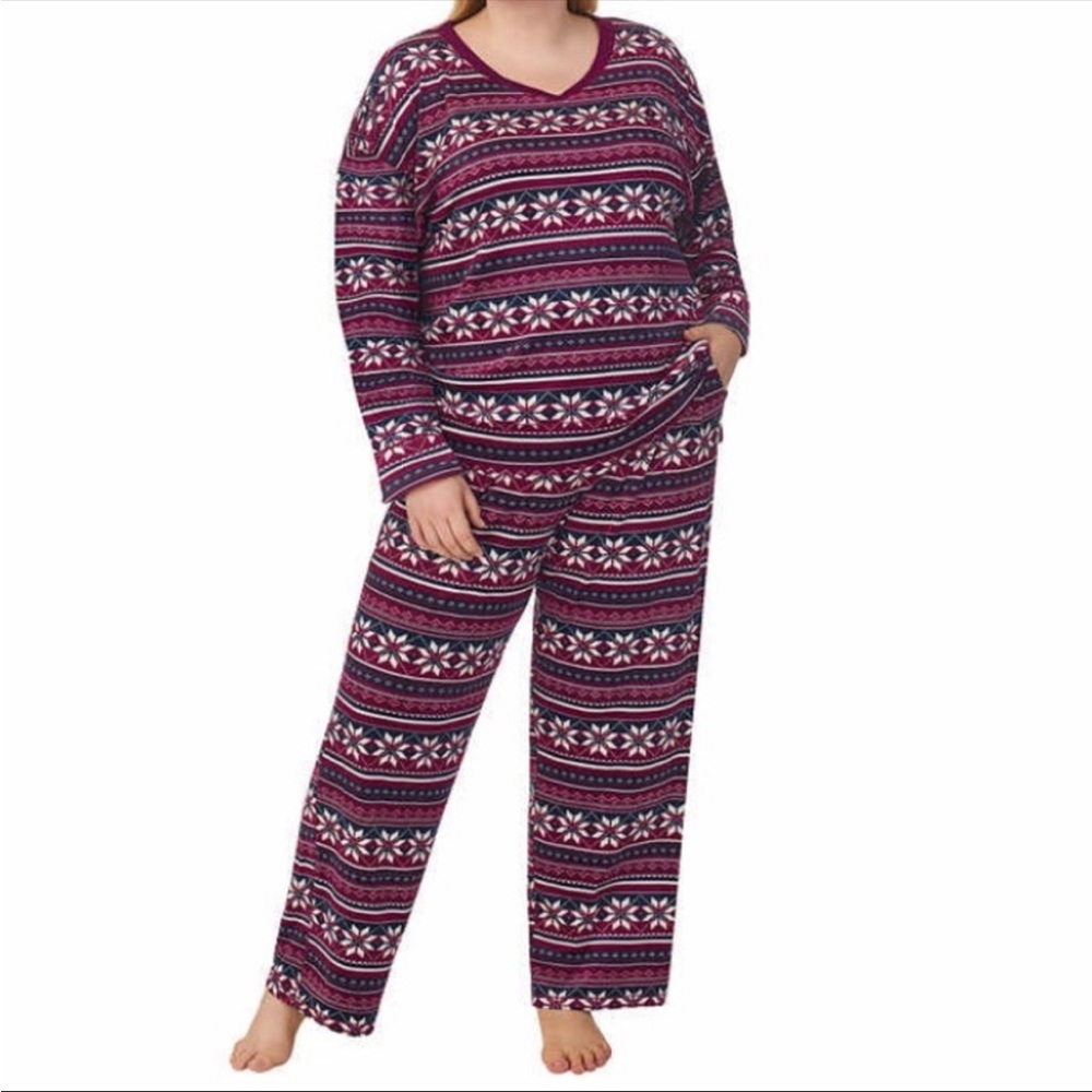 Nautica Burgundy Blue Pajama Set, Soft Stretch Fleece, Fair Isle Print, New